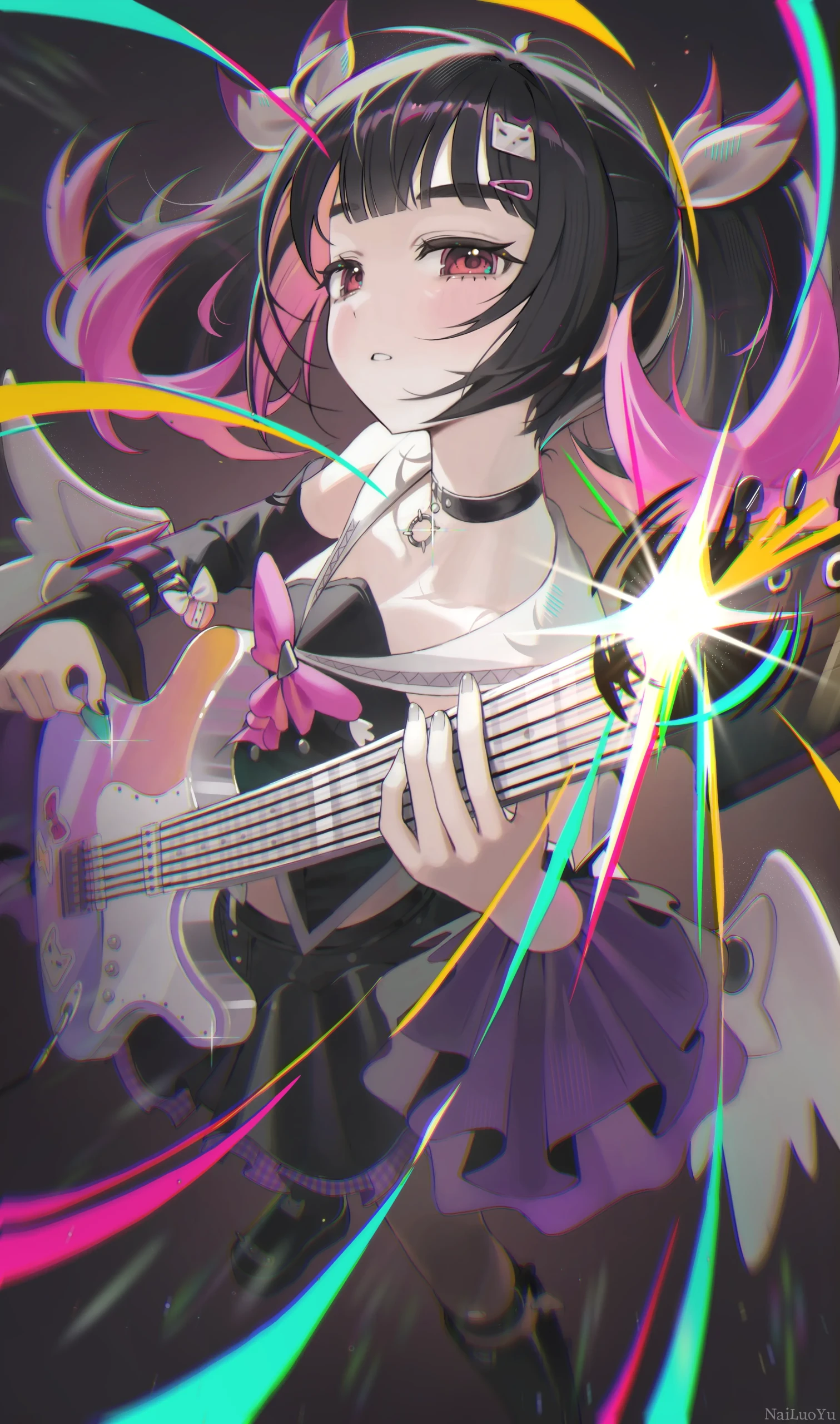 动感霓虹光效下弹奏电吉他的二次元少女