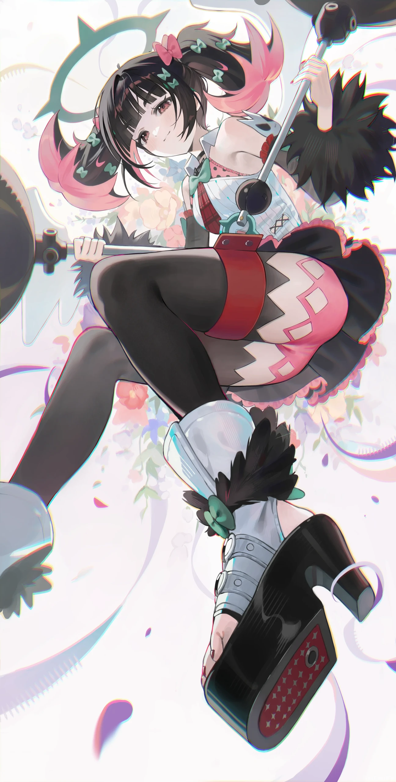 粉挑染双马尾甜酷少女持战锤同人插画