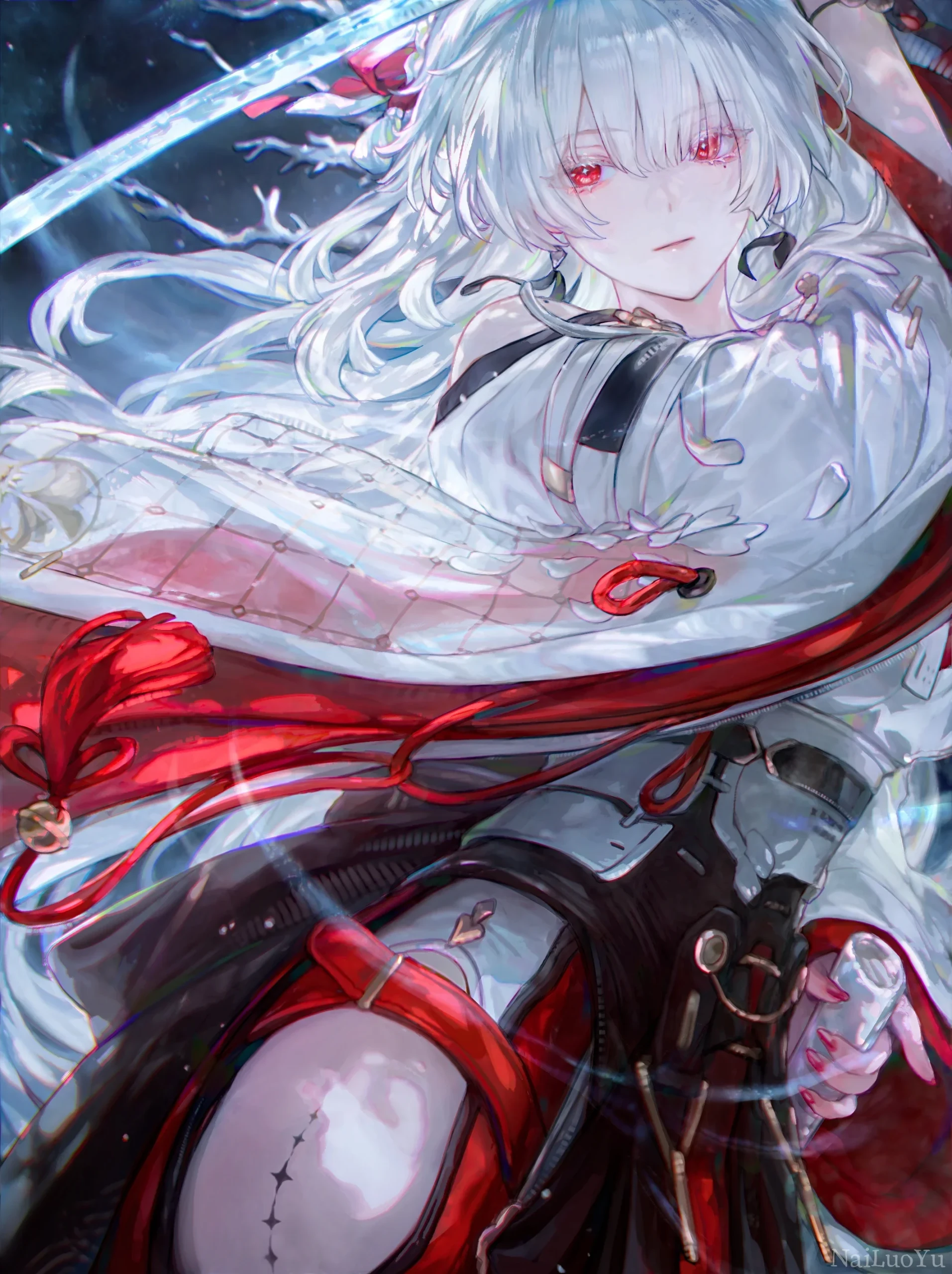 雪夜持冰刃的白发红瞳清冷二次元少女