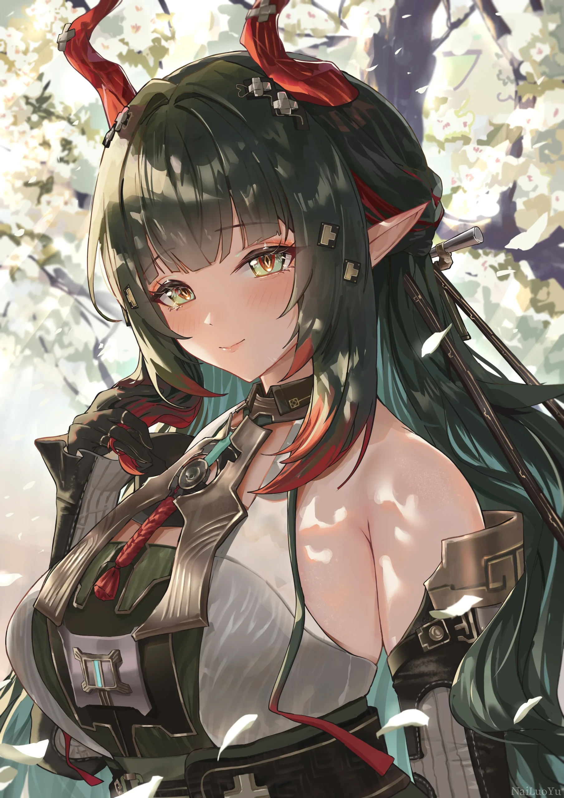 春日花树下的明日方舟夕唯美同人插画