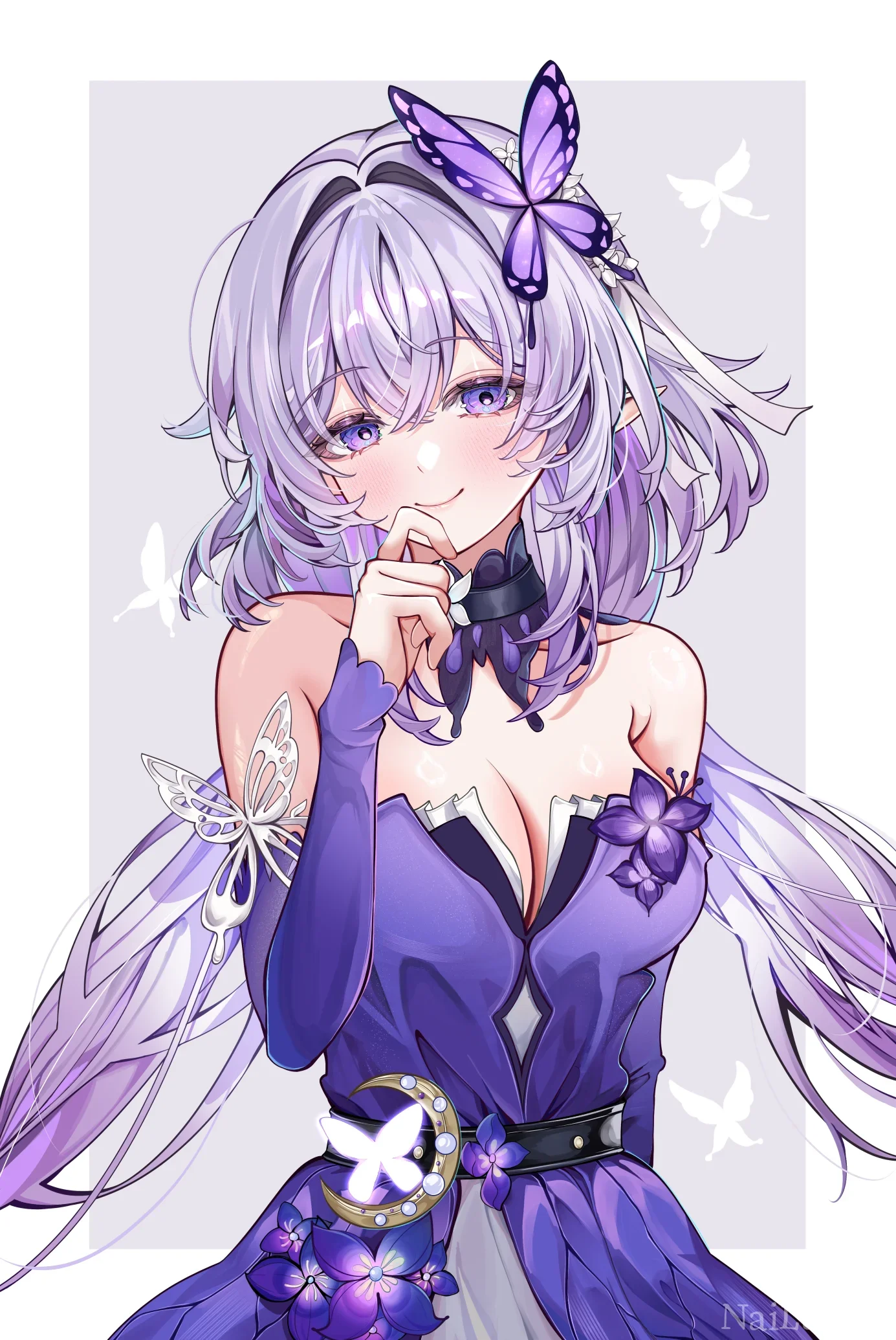 浅紫长发蝶饰精灵耳二次元美少女插画
