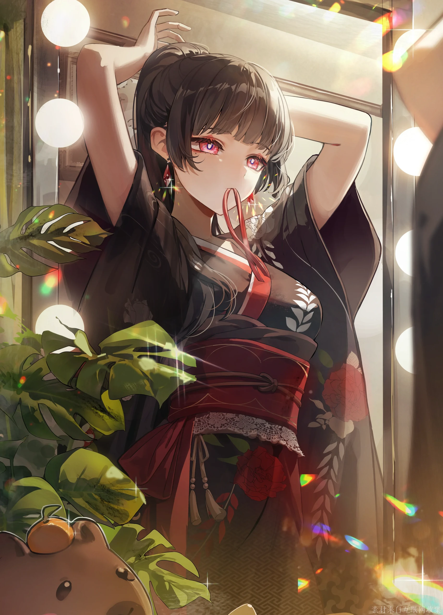 镜前束发的黑和服红瞳二次元少女