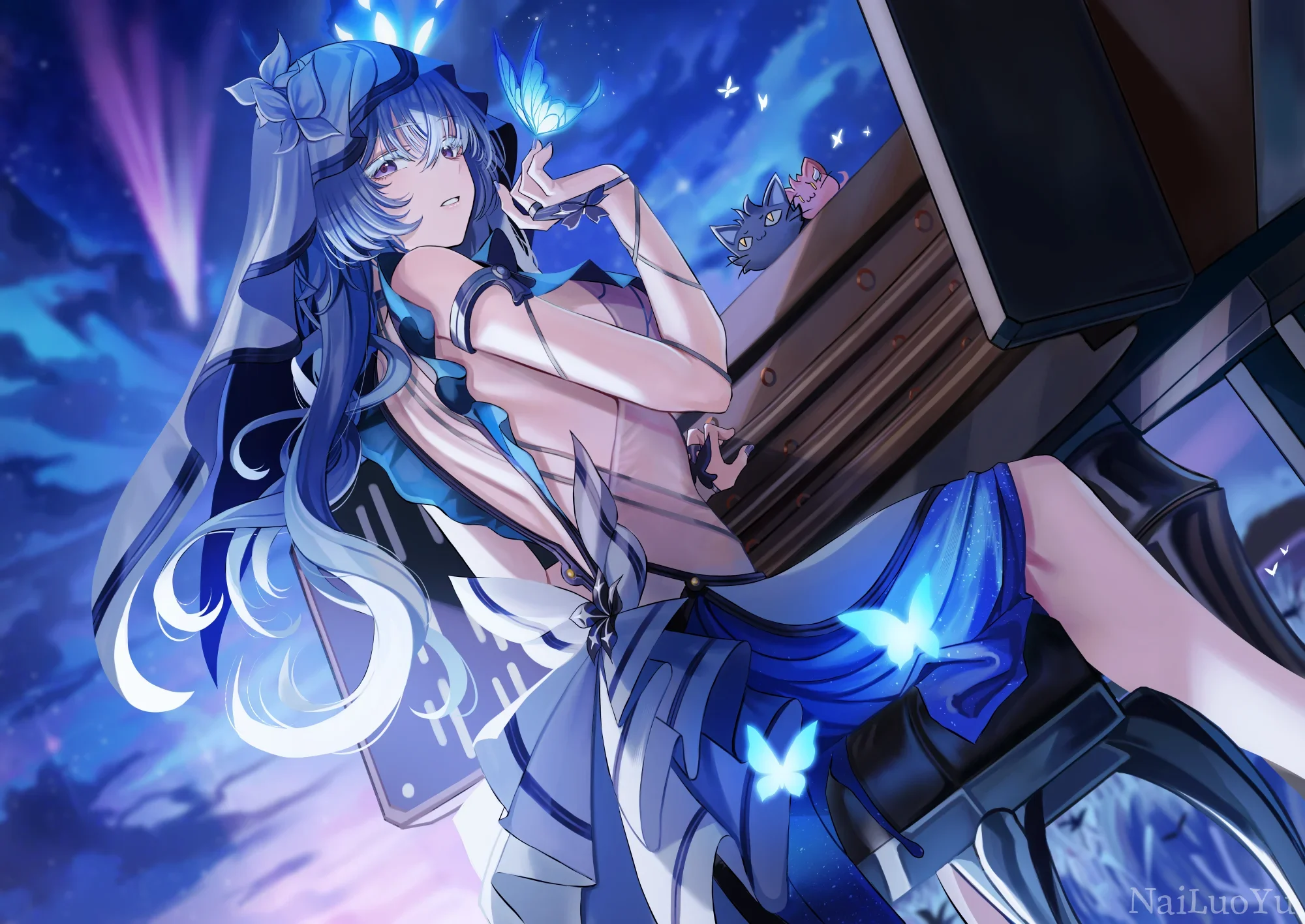 梦幻星空下戏蝶的蓝发少女守岸人插画