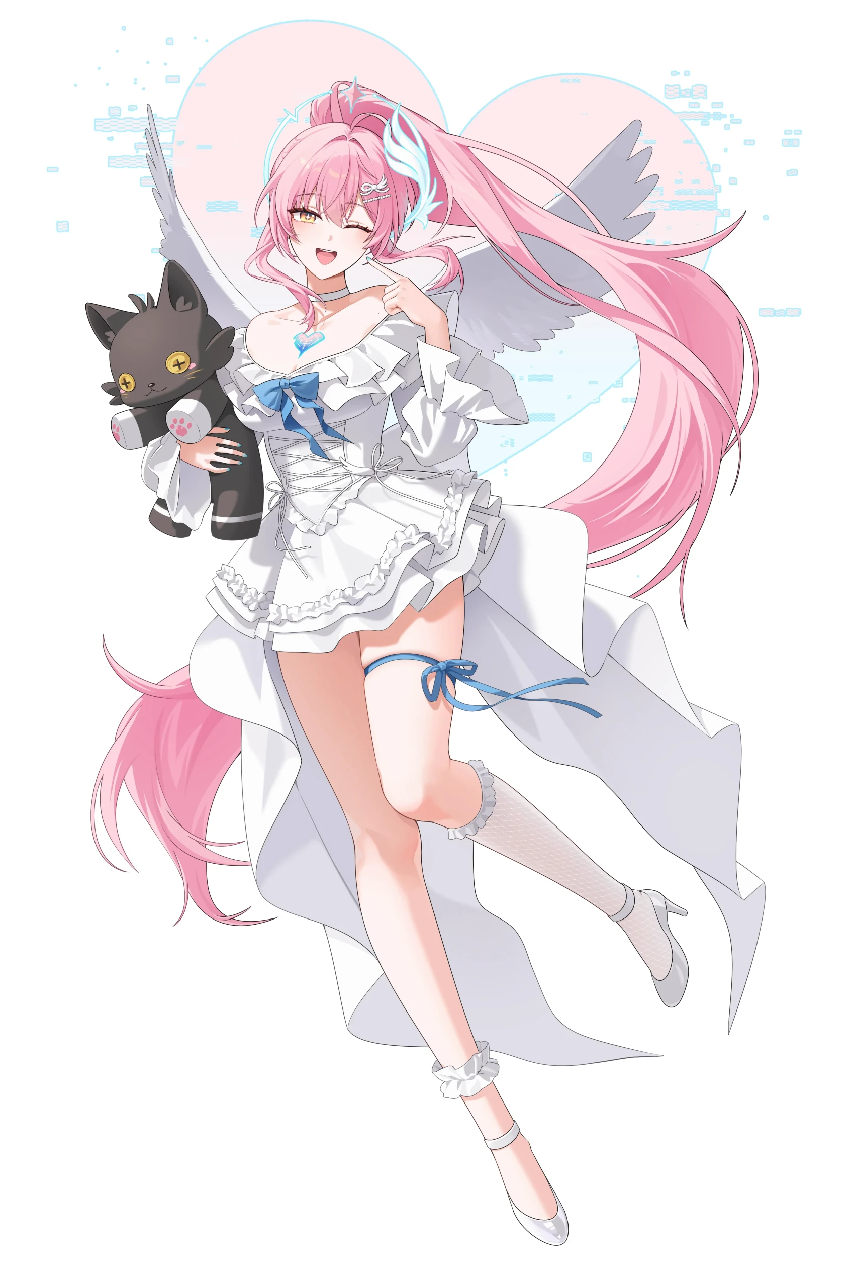 粉发天使少女抱黑猫玩偶俏皮眨眼立绘