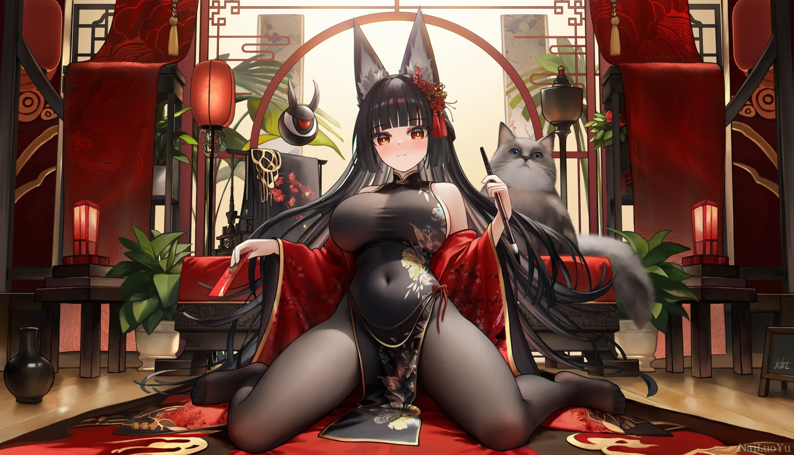 国风旗袍狐耳少女新春贺岁原创插画