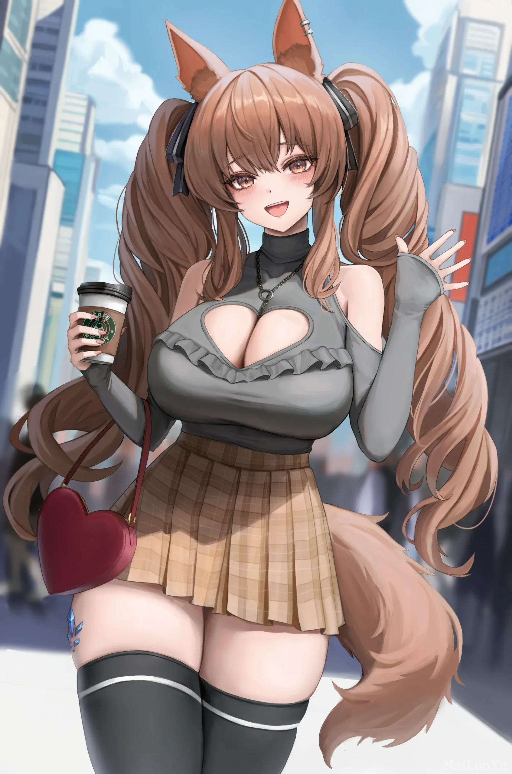 都市街头手持咖啡的可爱兽耳双马尾少女