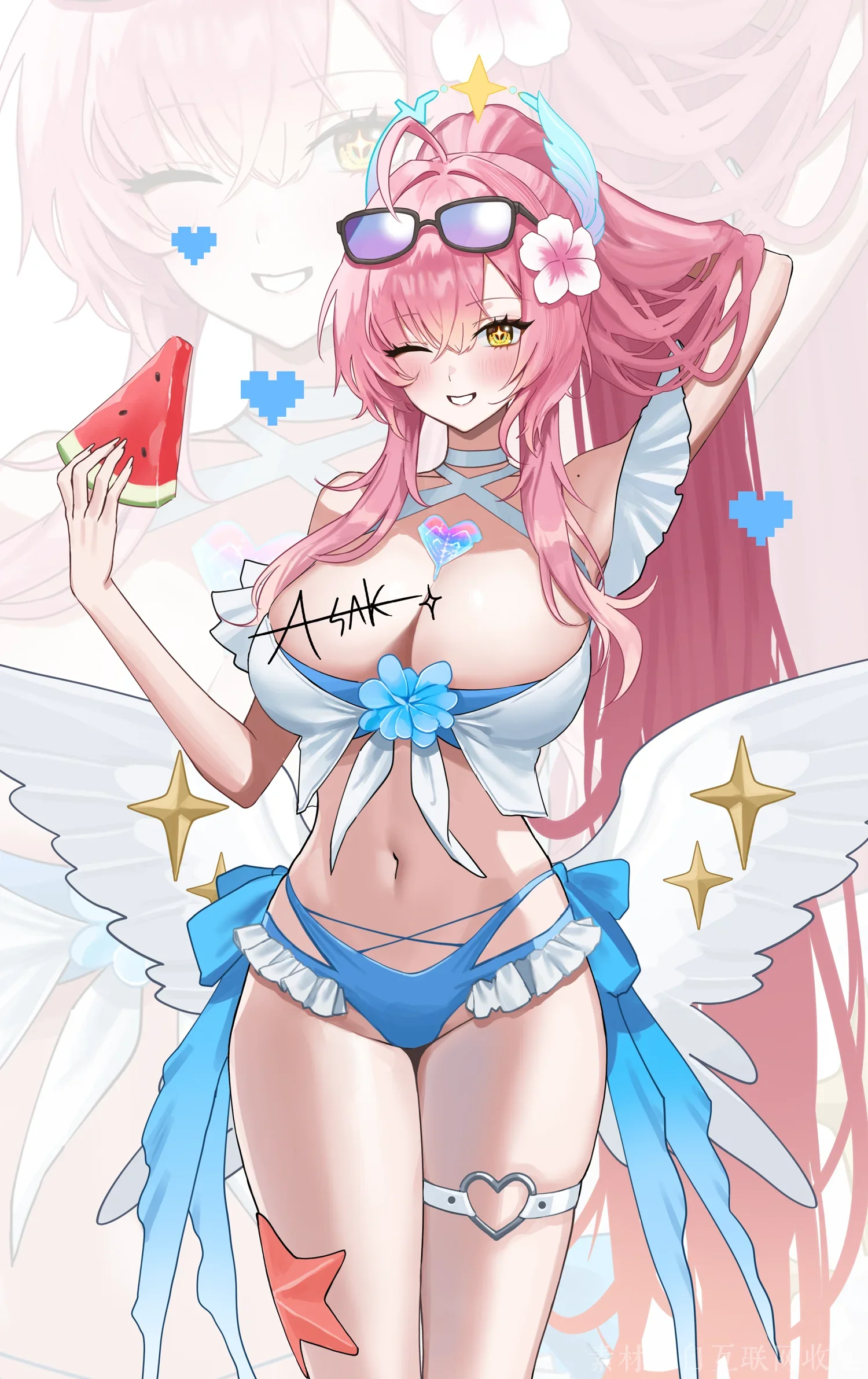 夏日泳装粉发天使少女甜美同人插画
