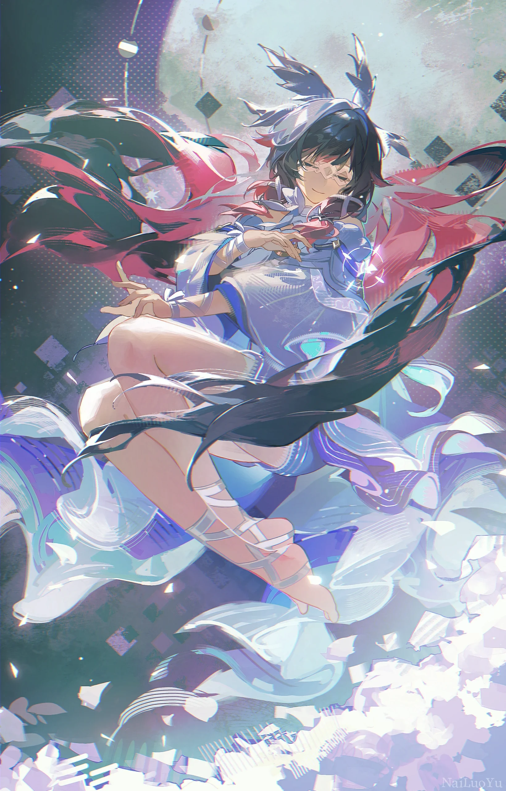 幻月下浮空少女 二次元唯美氛围感插画