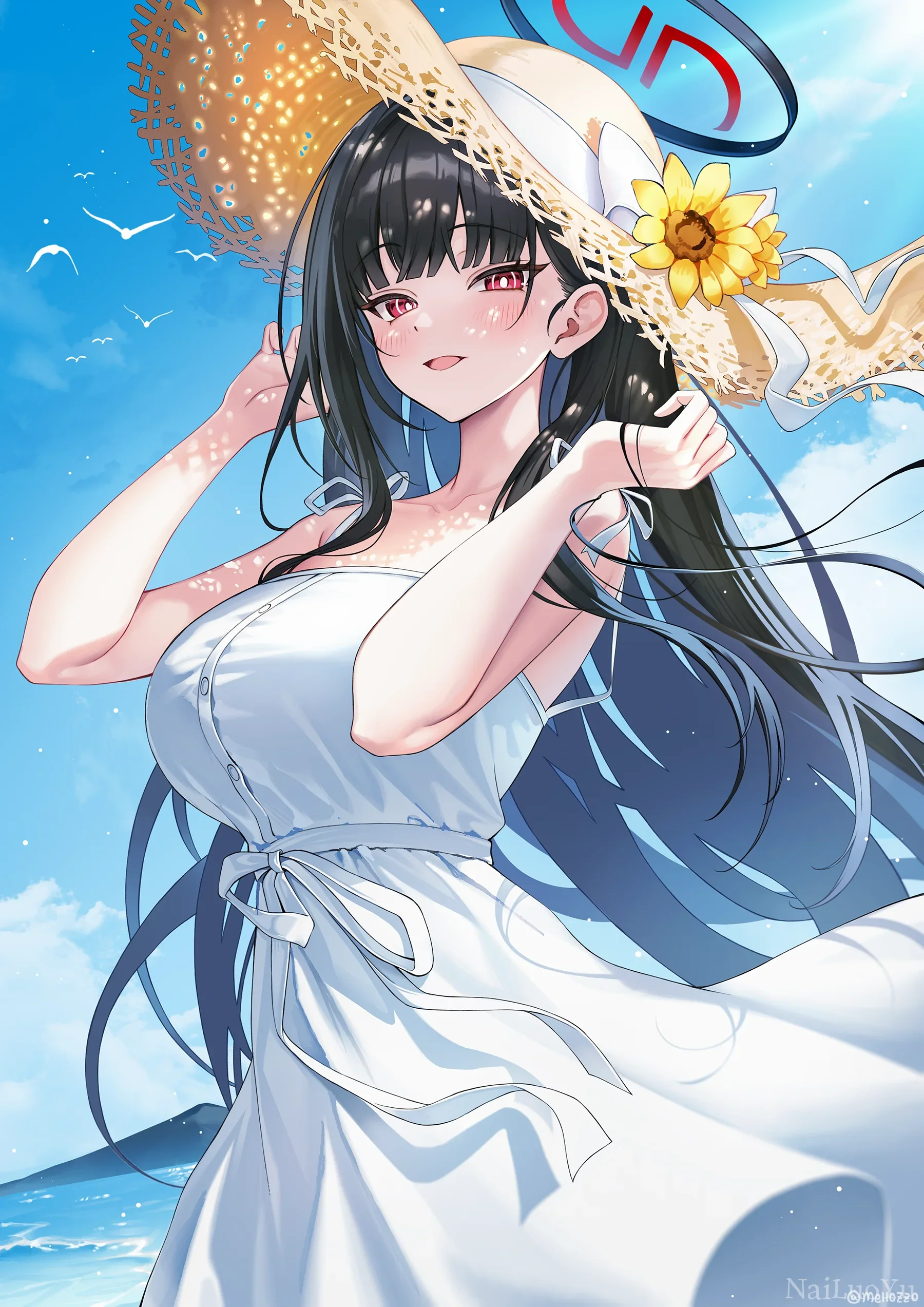 晴日海岸边戴草帽的调月莉音夏日插画