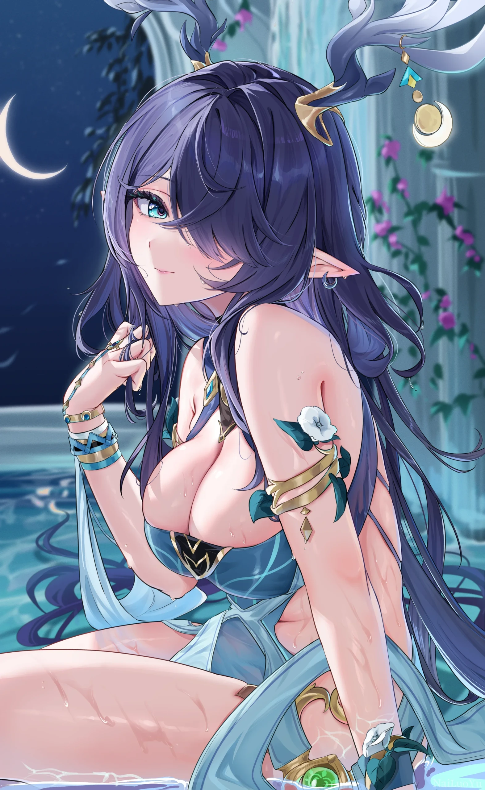 月夜温泉中 龙角少女遐蝶温柔侧望