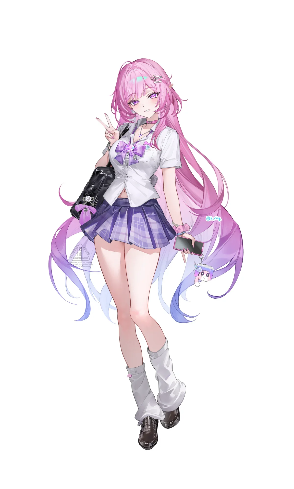 学院风粉发紫瞳甜酷二次元少女立绘