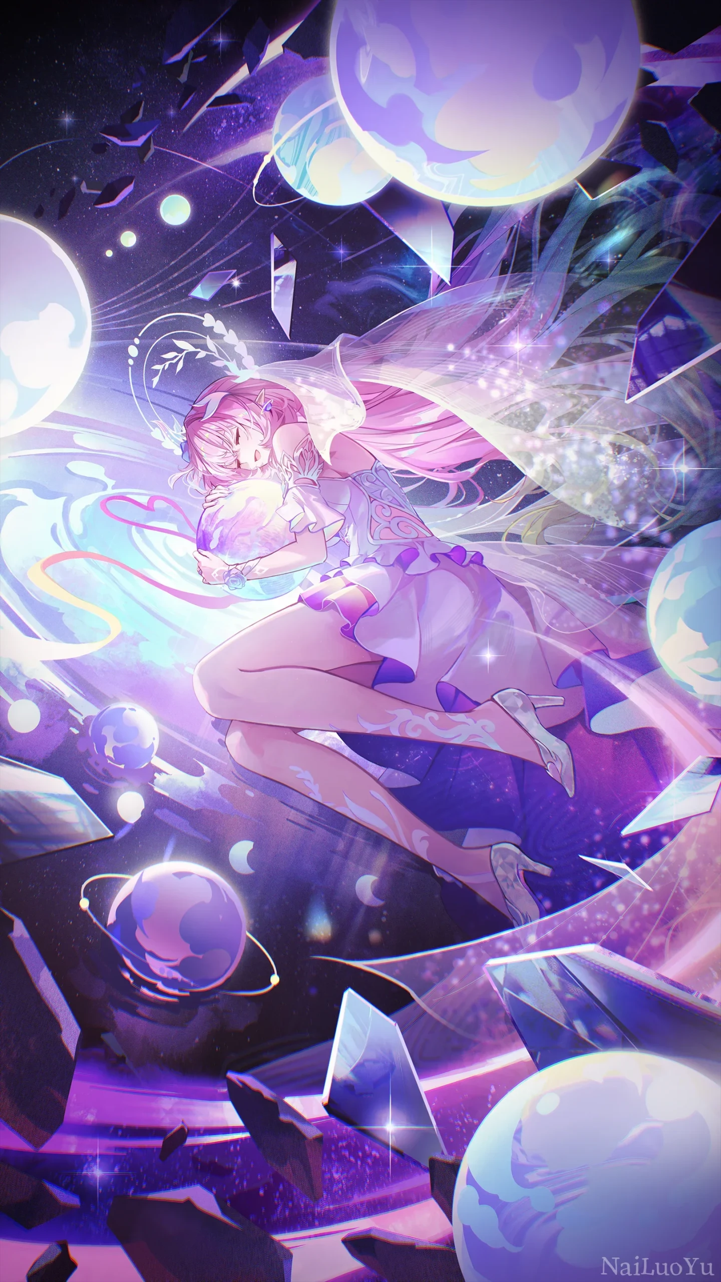 破碎星穹中怀抱星球安睡的粉发精灵少女
