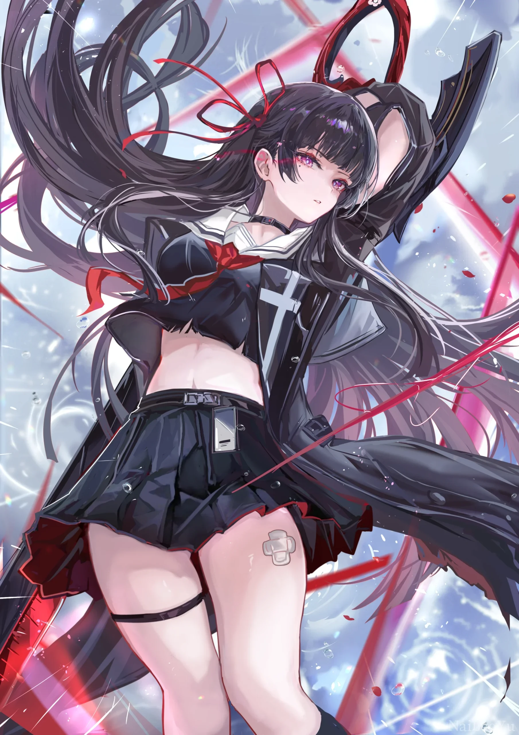 冷飒战斗风黑长直制服少女精美同人插画