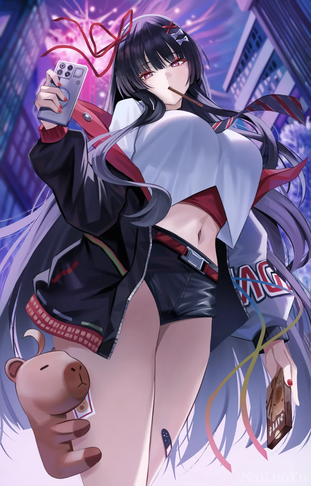 赛博霓虹街头吃百奇的冷艳黑发美少女