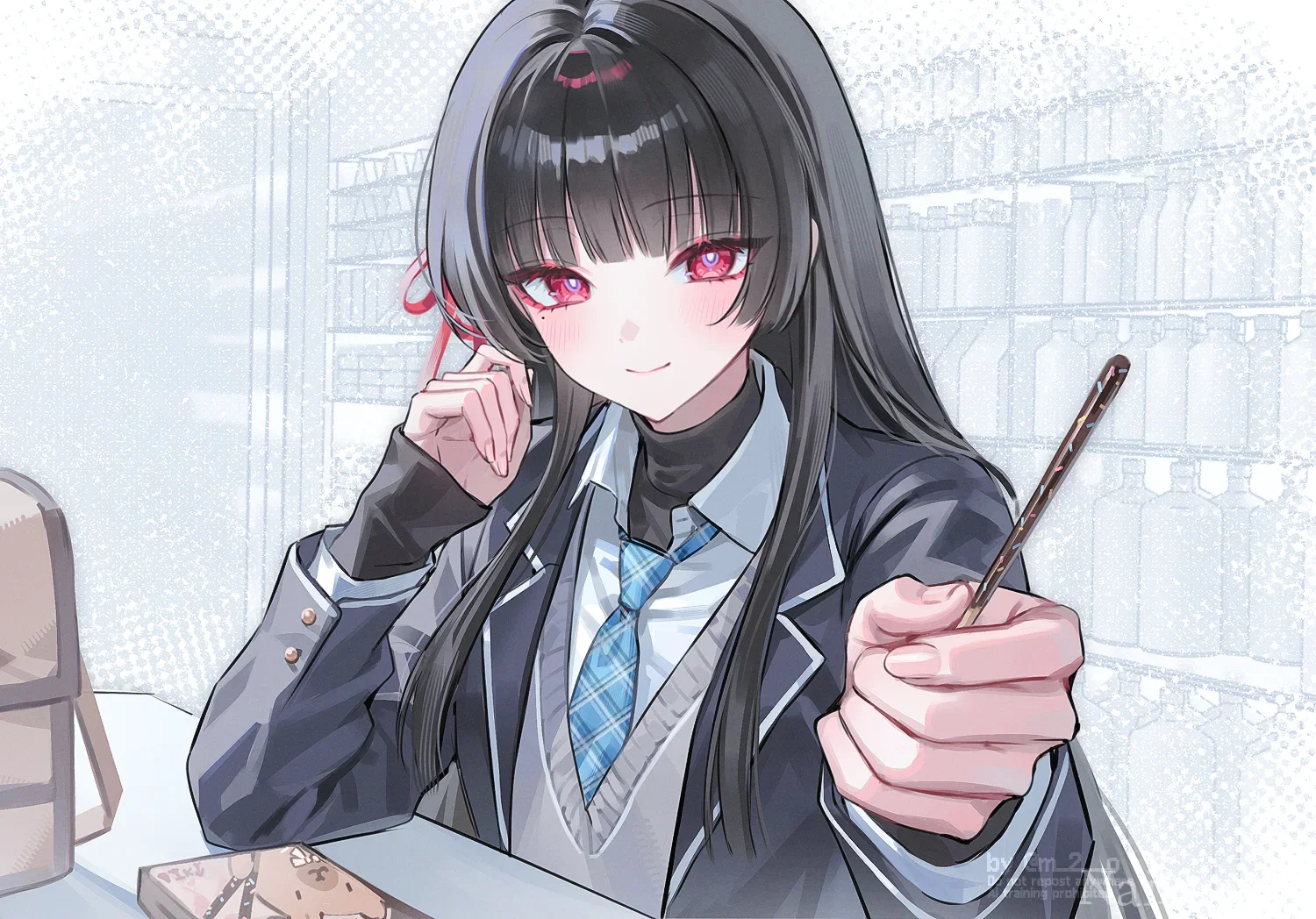 黑长直JK少女递出巧克力棒温柔邀约