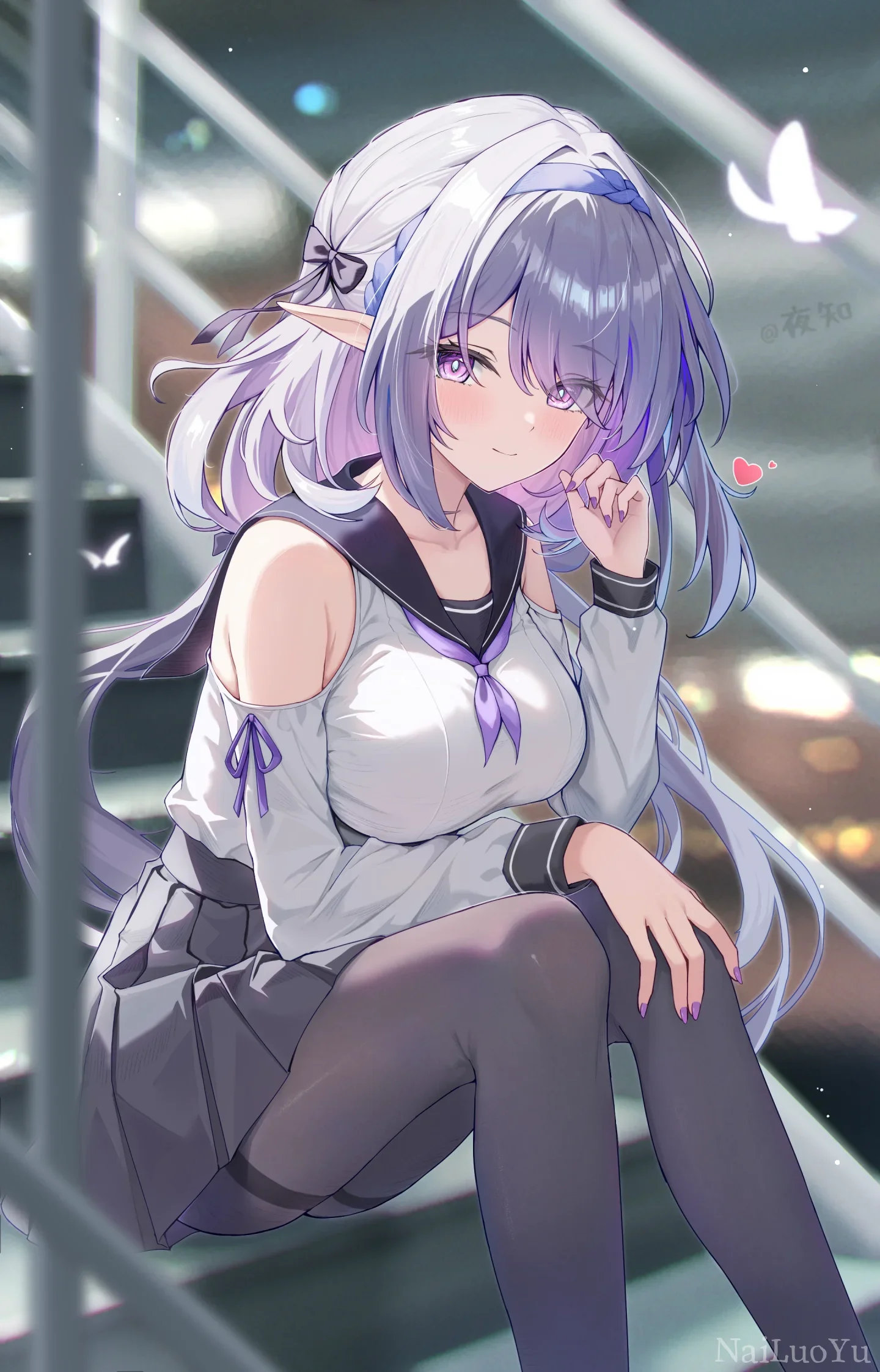 夜阶上的紫发精灵少女甜美二次元插画