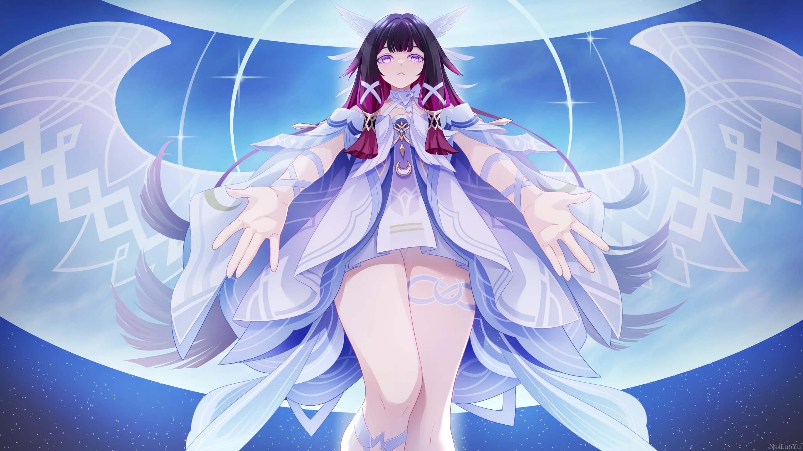 紫眸天使少女张开双臂治愈风二次元插画
