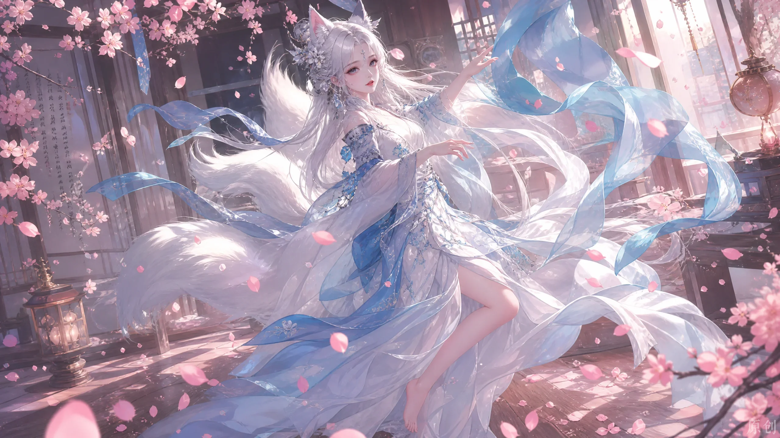 桃花楼阁间起舞的银白九尾狐仙少女