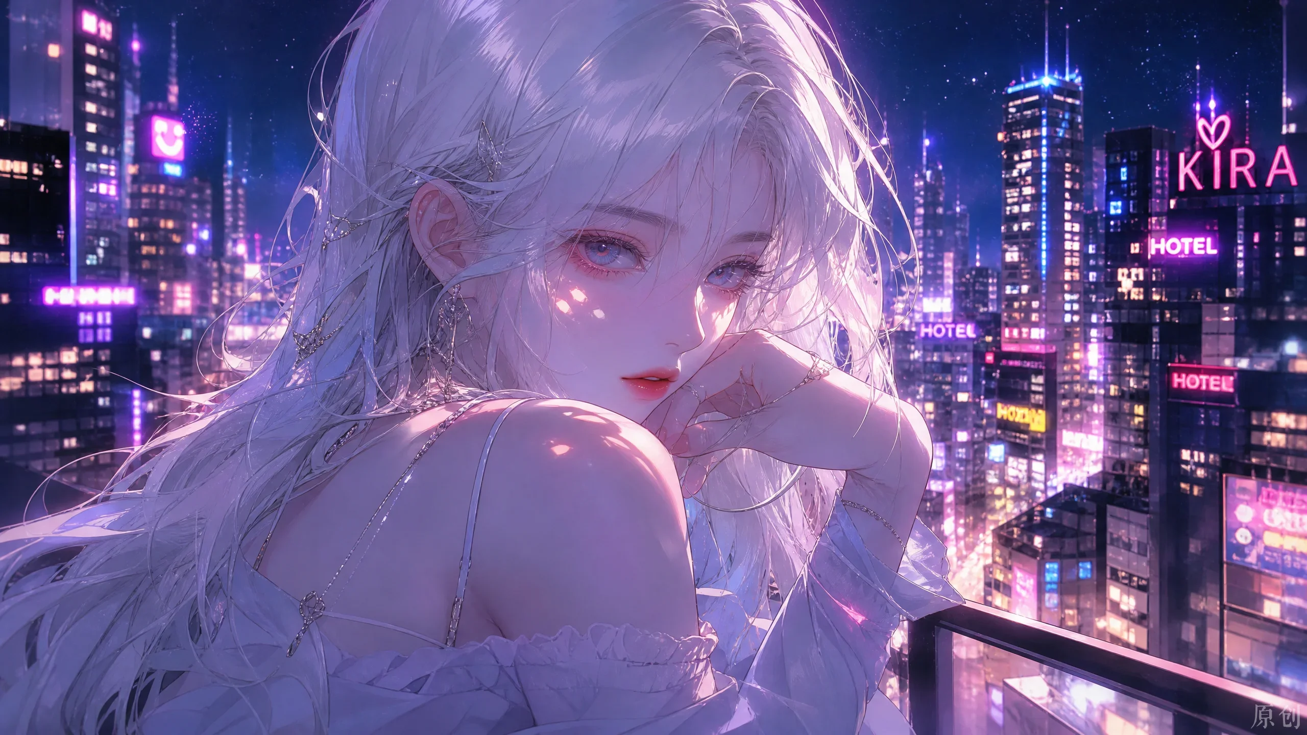 清冷银发少女凭栏眺望霓虹都市璀璨夜景