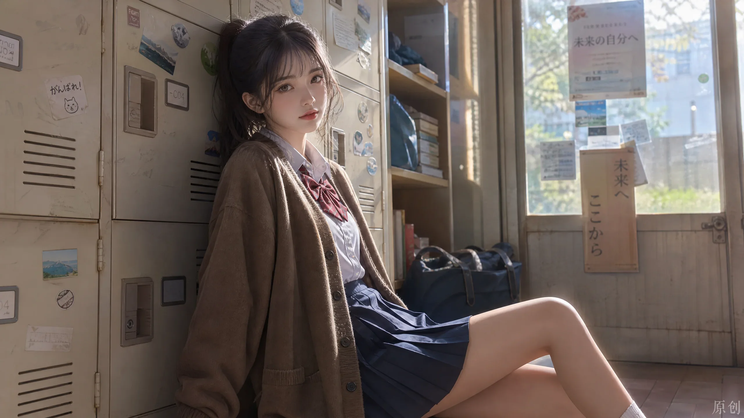 午后暖光下倚靠储物柜的日系JK少女