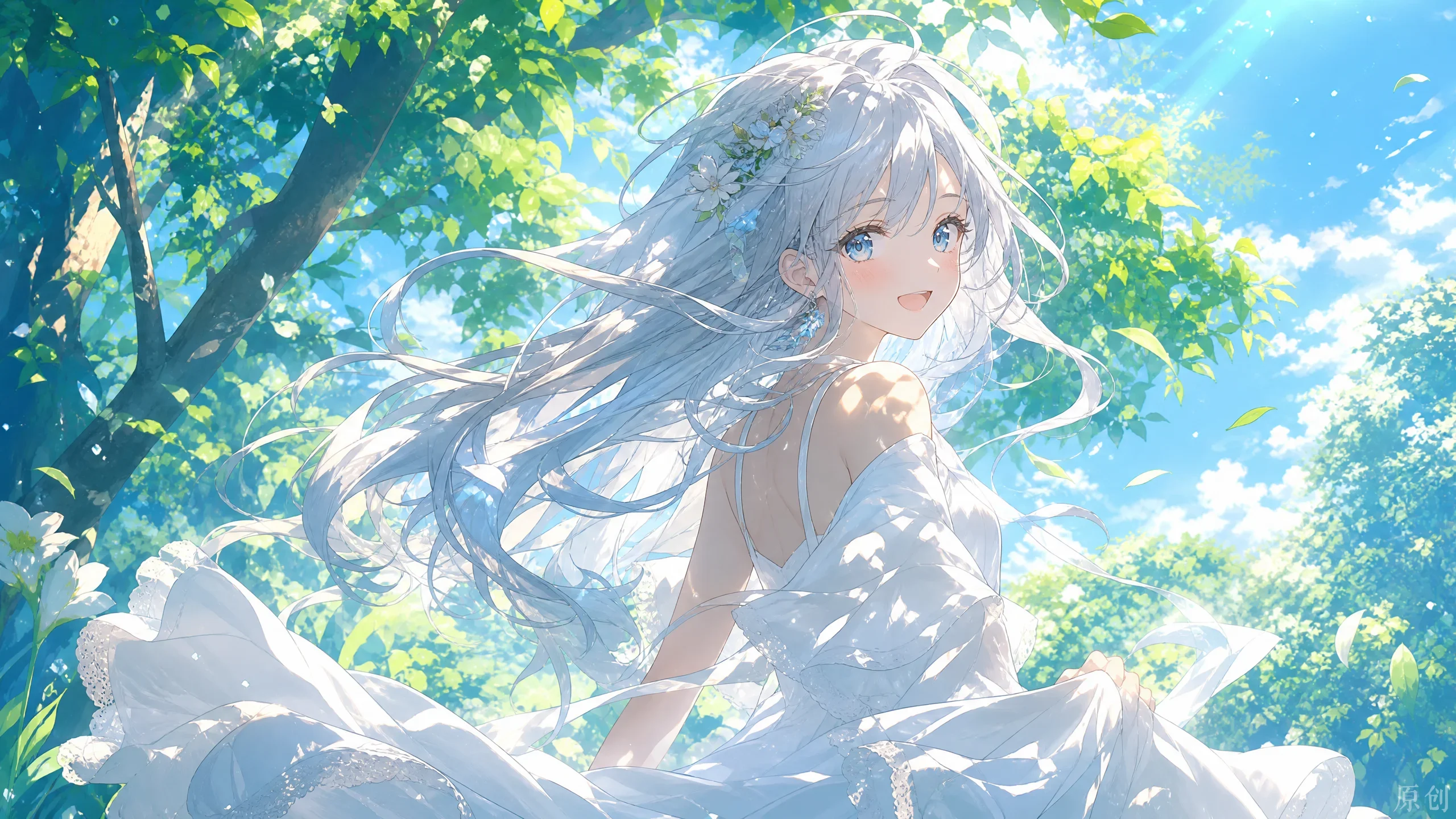 夏日晴空下林间回眸微笑的银发白裙少女